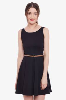 Women's Black Sleeveless Round Neck Mini Skater Dress