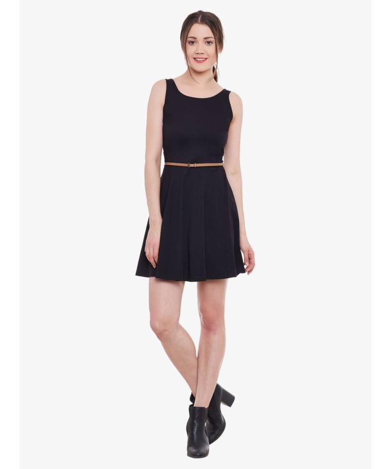 Women's Black Sleeveless Round Neck Mini Skater Dress
