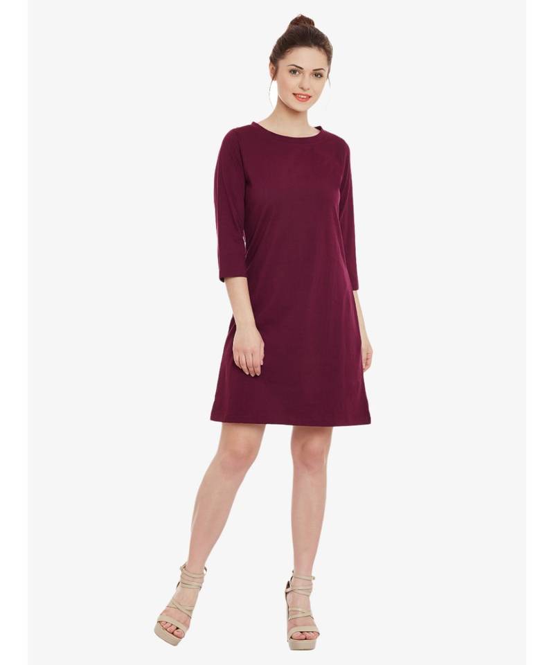 Women's Magenta Solid Round Neck 3/4 Sleeve Mini Shift Dress