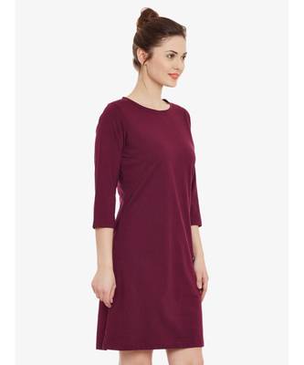 Women's Magenta Solid Round Neck 3/4 Sleeve Mini Shift Dress 4