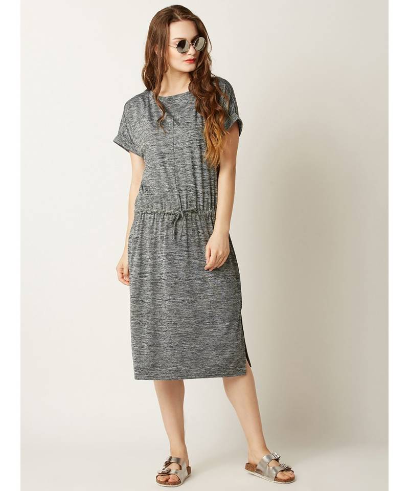 Women's Grey Round Neck Half Sleeves Midi Shift Dress