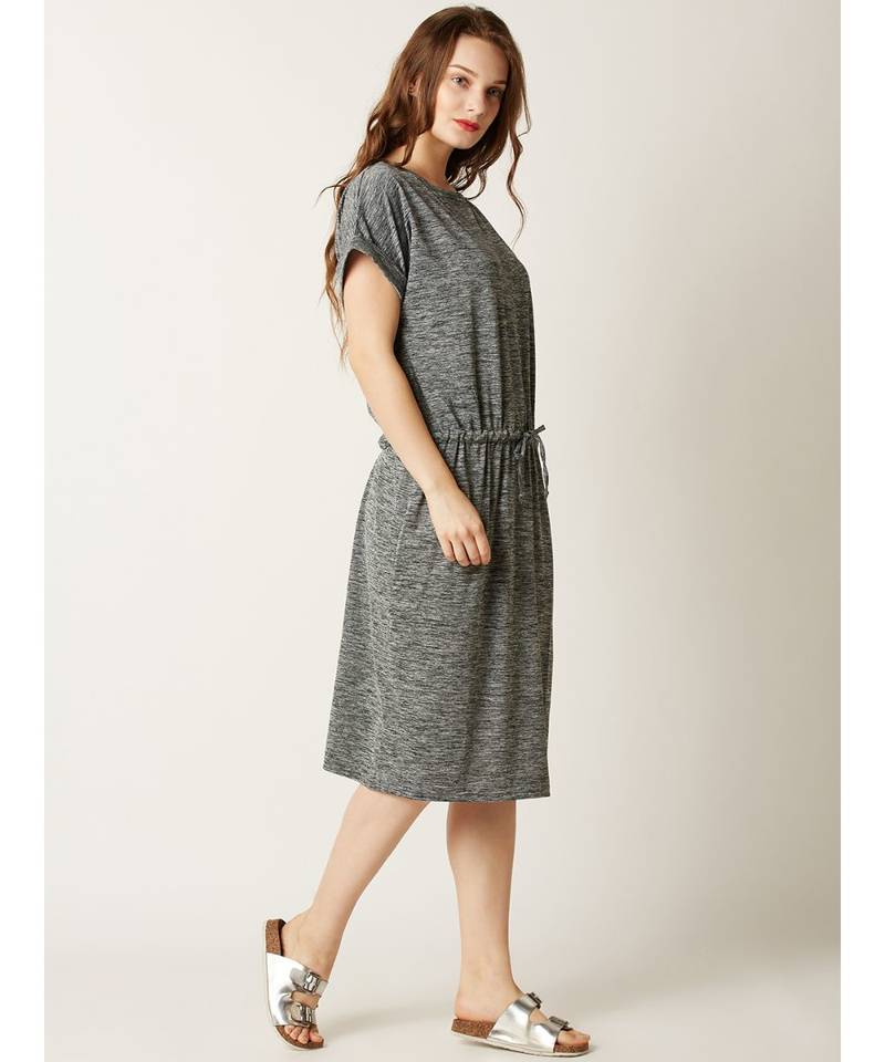 Women's Grey Round Neck Half Sleeves Midi Shift Dress