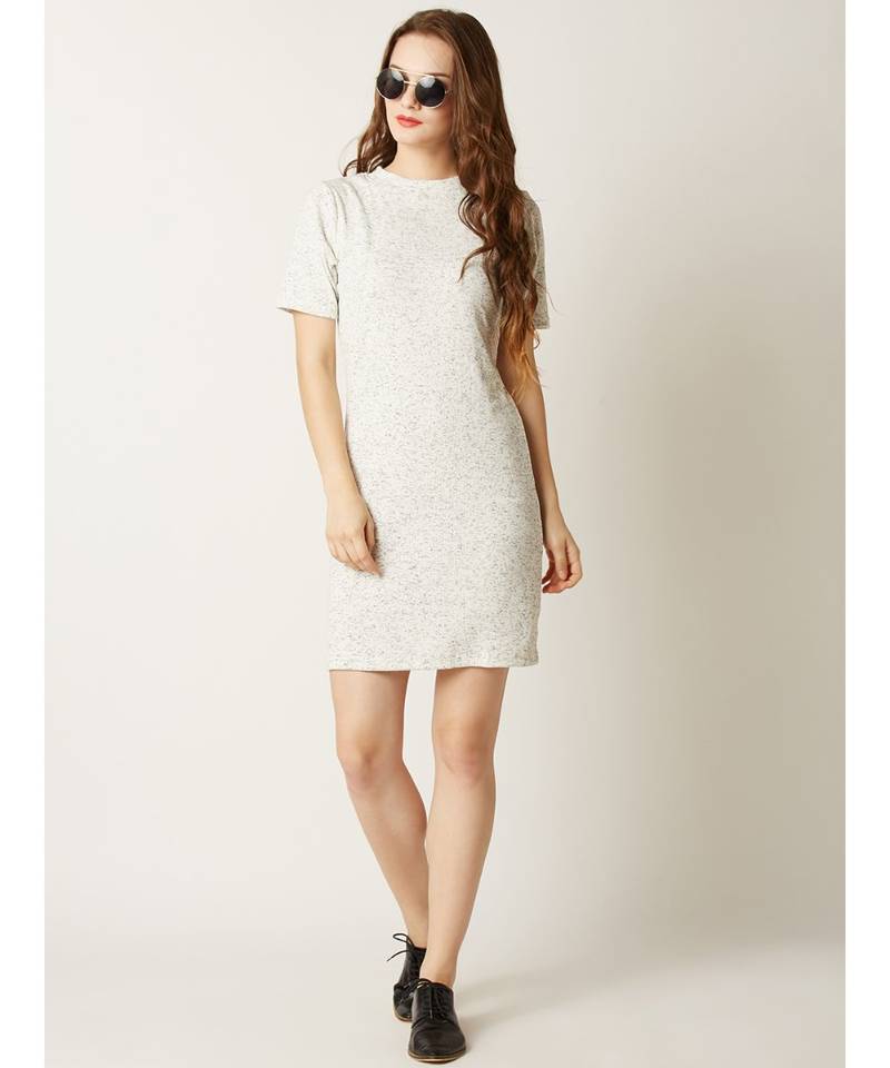 Women's Off White Round Neck Half Sleeves Shift Dress