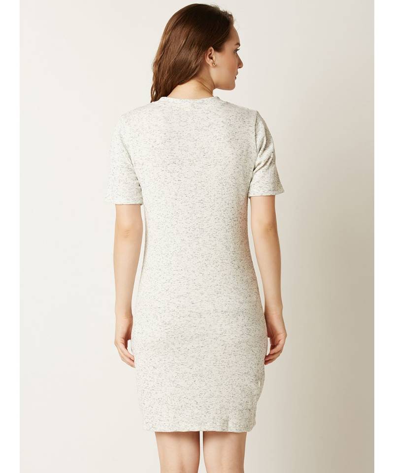 Women's Off White Round Neck Half Sleeves Shift Dress