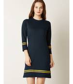 Women's Navy Blue Round Neck 3/4 Sleeves Solid Shift Dress
