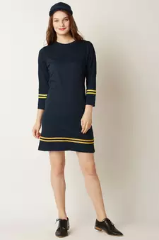Women's Navy Blue Round Neck 3/4 Sleeves Solid Shift Dress