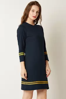 Women's Navy Blue Round Neck 3/4 Sleeves Solid Shift Dress