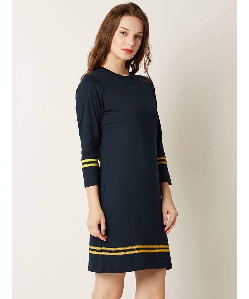 Women's Navy Blue Round Neck 3/4 Sleeves Solid Shift Dress