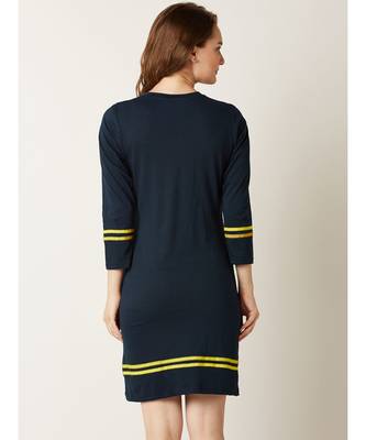 Women's Navy Blue Round Neck 3/4 Sleeves Solid Shift Dress 4