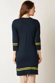 Women's Navy Blue Round Neck 3/4 Sleeves Solid Shift Dress