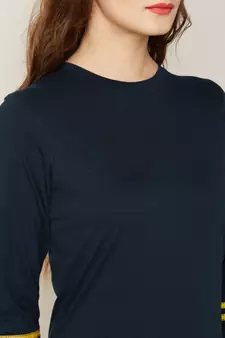 Women's Navy Blue Round Neck 3/4 Sleeves Solid Shift Dress
