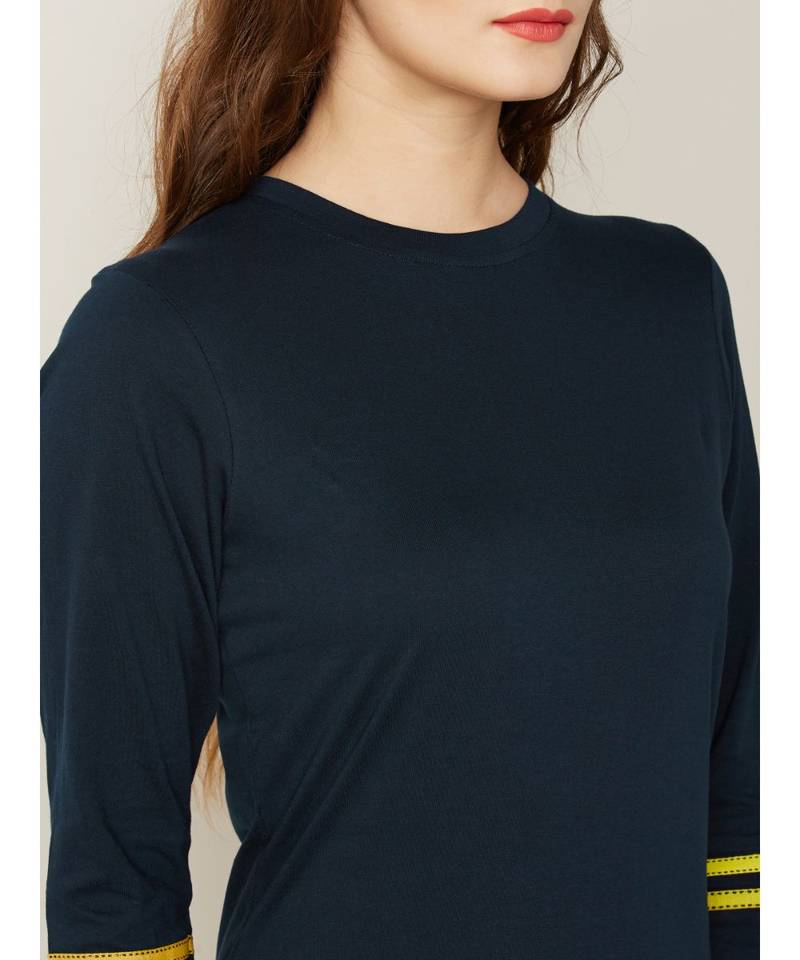 Women's Navy Blue Round Neck 3/4 Sleeves Solid Shift Dress