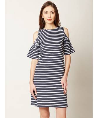 Women's Navy Blue and White Round Neck Half Sleeve Striped Mini Cold Shoulder Dress 1