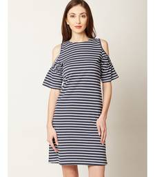 Women's Navy Blue and White Round Neck Half Sleeve Striped Mini Cold Shoulder Dress