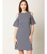 Women's Navy Blue and White Round Neck Half Sleeve Striped Mini Cold Shoulder Dress