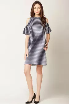 Women's Navy Blue and White Round Neck Half Sleeve Striped Mini Cold Shoulder Dress