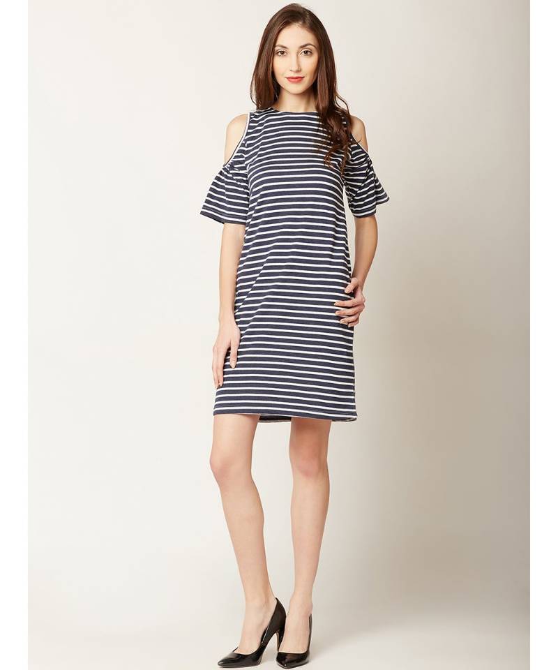 Women's Navy Blue and White Round Neck Half Sleeve Striped Mini Cold Shoulder Dress