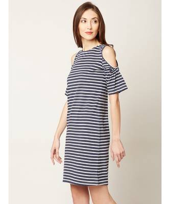 Women's Navy Blue and White Round Neck Half Sleeve Striped Mini Cold Shoulder Dress 3