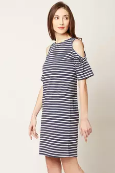 Women's Navy Blue and White Round Neck Half Sleeve Striped Mini Cold Shoulder Dress