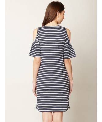 Women's Navy Blue and White Round Neck Half Sleeve Striped Mini Cold Shoulder Dress 4