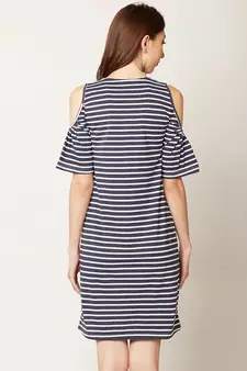 Women's Navy Blue and White Round Neck Half Sleeve Striped Mini Cold Shoulder Dress