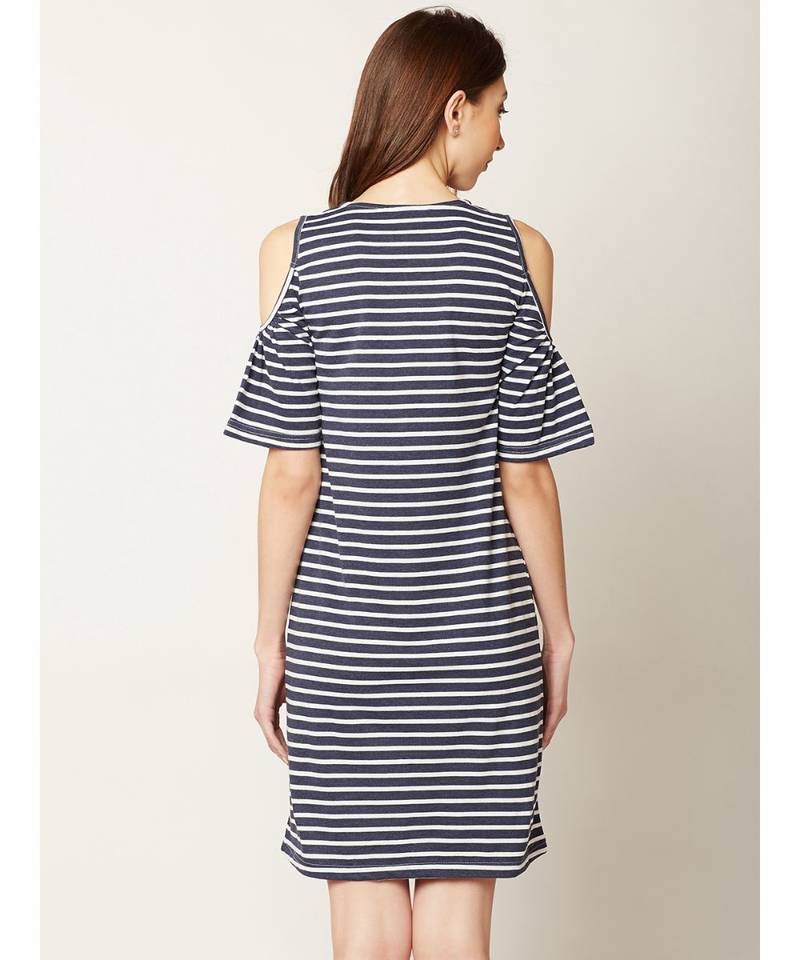 Women's Navy Blue and White Round Neck Half Sleeve Striped Mini Cold Shoulder Dress