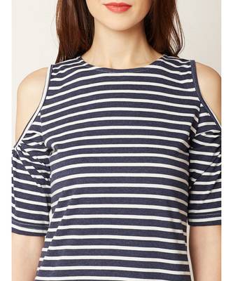 Women's Navy Blue and White Round Neck Half Sleeve Striped Mini Cold Shoulder Dress 5