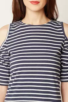 Women's Navy Blue and White Round Neck Half Sleeve Striped Mini Cold Shoulder Dress