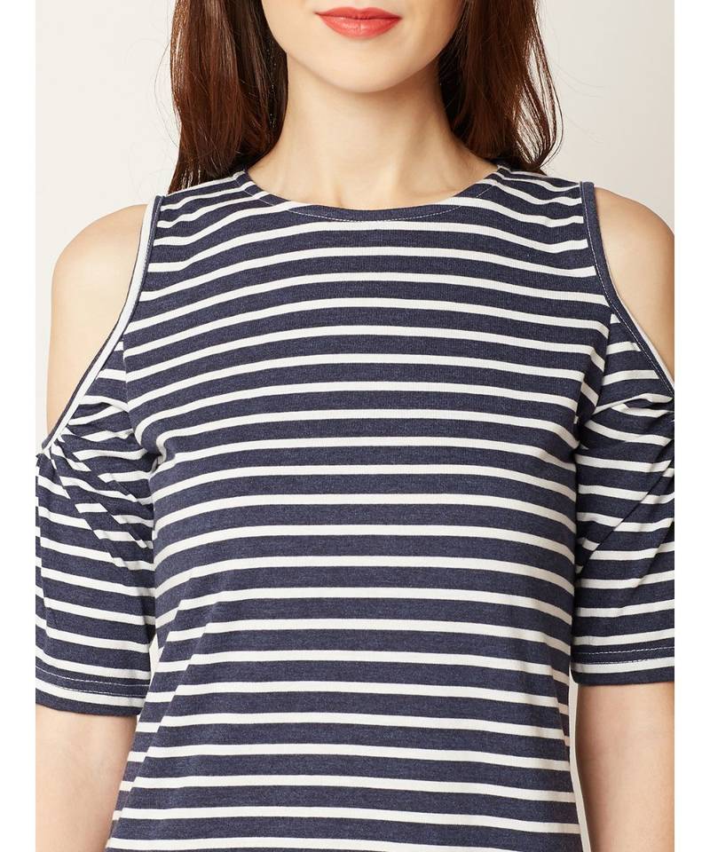 Women's Navy Blue and White Round Neck Half Sleeve Striped Mini Cold Shoulder Dress