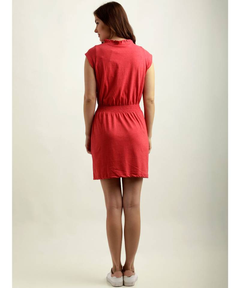 Women's Red V-neck Cap Sleeve Solid Mini Shift Dress