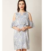 Women's Multicolored Round Neck Half Sleeve Printed Ruffled Paneled Mini Cold Shoulder Dress