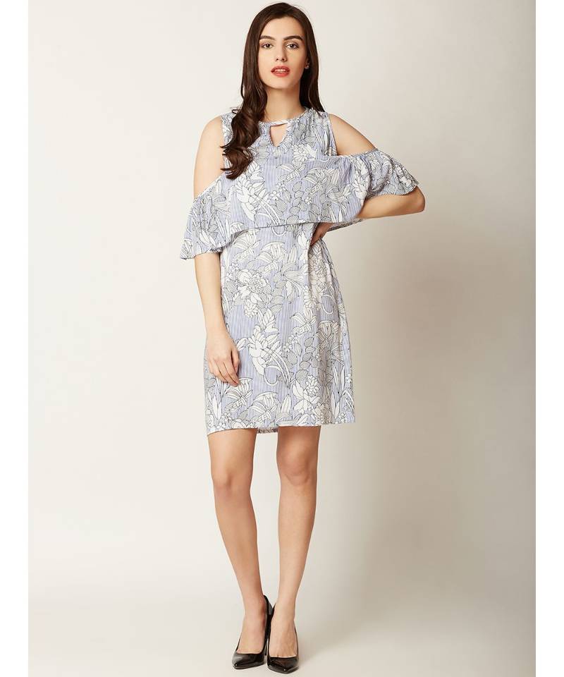 Women's Multicolored Round Neck Half Sleeve Printed Ruffled Paneled Mini Cold Shoulder Dress