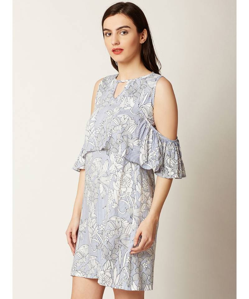 Women's Multicolored Round Neck Half Sleeve Printed Ruffled Paneled Mini Cold Shoulder Dress