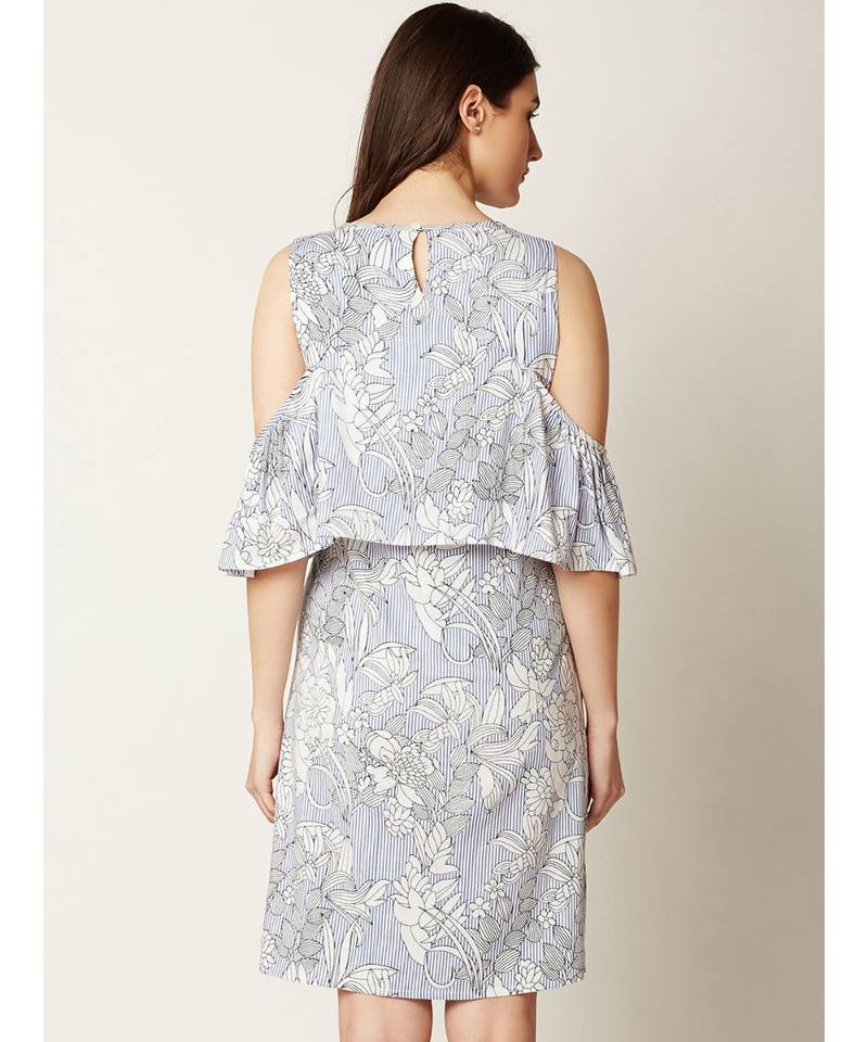 Women's Multicolored Round Neck Half Sleeve Printed Ruffled Paneled Mini Cold Shoulder Dress