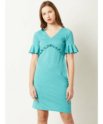 Women's Turquoise Blue V-Neck Short Sleeve Solid Ruffled Gathered Paneled Mini Dress 1