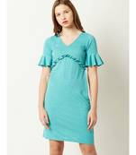 Women's Turquoise Blue V-Neck Short Sleeve Solid Ruffled Gathered Paneled Mini Dress