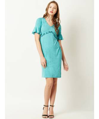 Women's Turquoise Blue V-Neck Short Sleeve Solid Ruffled Gathered Paneled Mini Dress 2