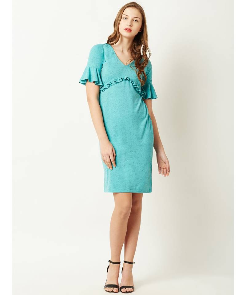 Women's Turquoise Blue V-Neck Short Sleeve Solid Ruffled Gathered Paneled Mini Dress