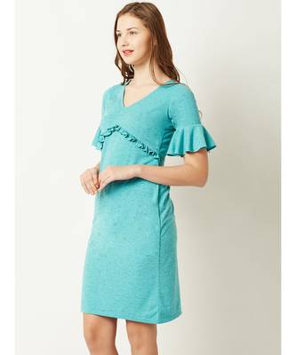 Women's Turquoise Blue V-Neck Short Sleeve Solid Ruffled Gathered Paneled Mini Dress 3