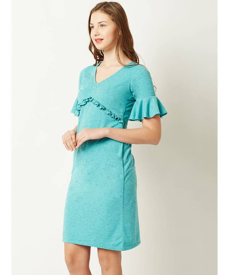 Women's Turquoise Blue V-Neck Short Sleeve Solid Ruffled Gathered Paneled Mini Dress