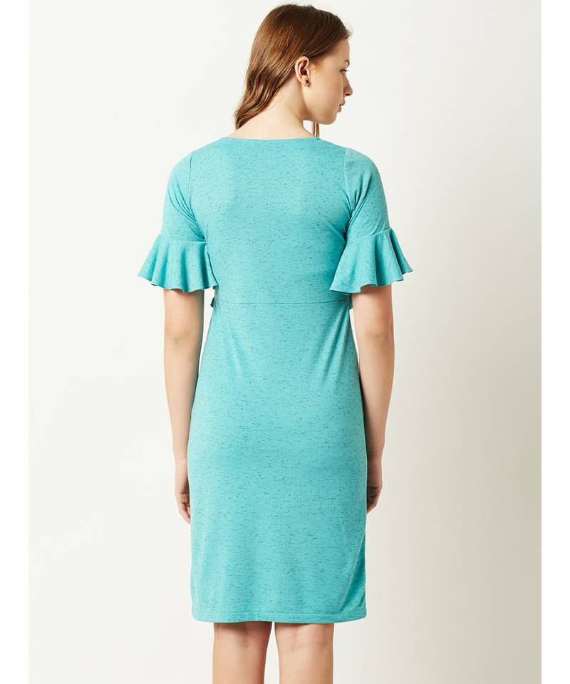 Women's Turquoise Blue V-Neck Short Sleeve Solid Ruffled Gathered Paneled Mini Dress