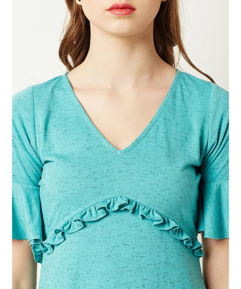 Women's Turquoise Blue V-Neck Short Sleeve Solid Ruffled Gathered Paneled Mini Dress