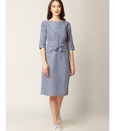 Women's Blue And White Round Neck 3/4 Sleeve Striped Tie-up Midi Shift Dress