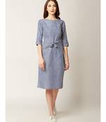 Women's Blue And White Round Neck 3/4 Sleeve Striped Tie-up Midi Shift Dress