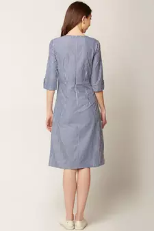 Women's Blue And White Round Neck 3/4 Sleeve Striped Tie-up Midi Shift Dress
