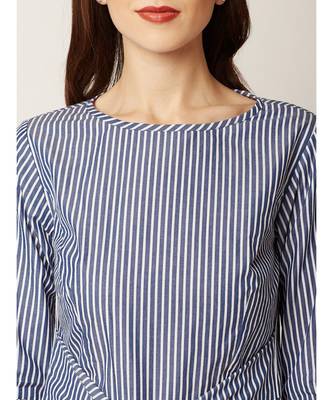 Women's Blue And White Round Neck 3/4 Sleeve Striped Tie-up Midi Shift Dress 5