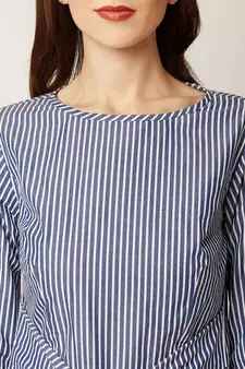 Women's Blue And White Round Neck 3/4 Sleeve Striped Tie-up Midi Shift Dress
