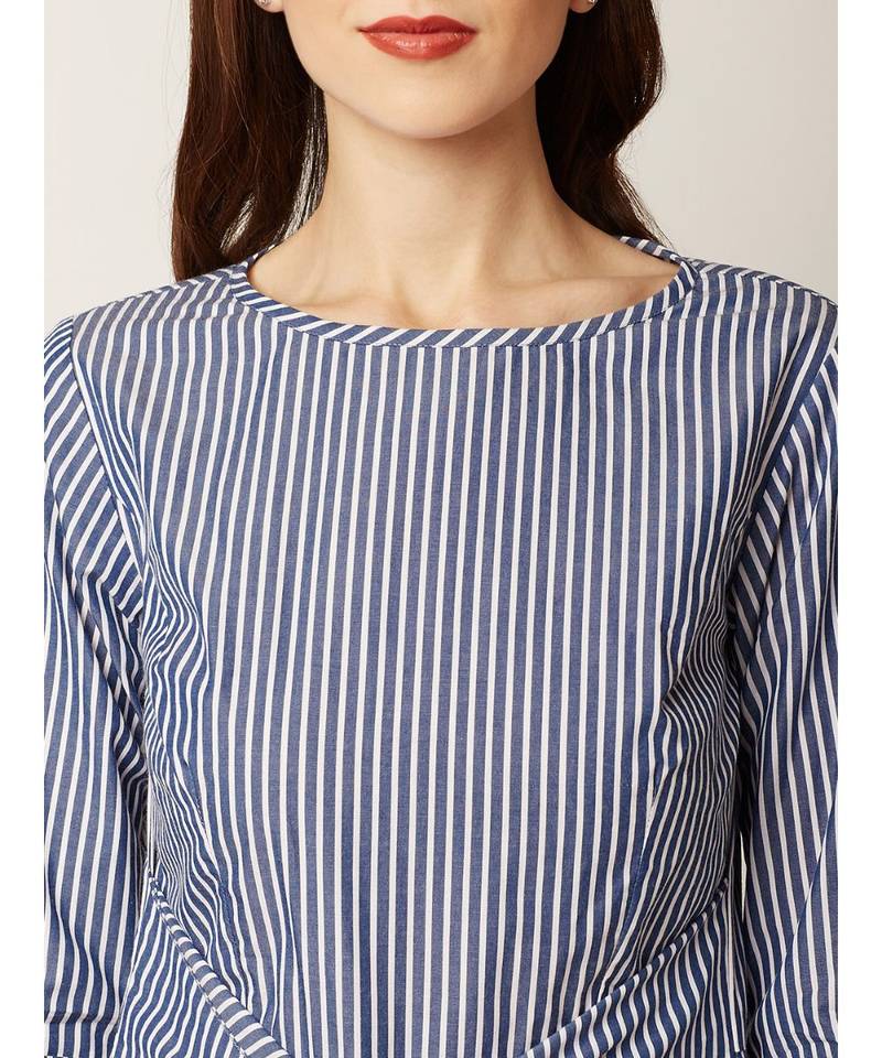 Women's Blue And White Round Neck 3/4 Sleeve Striped Tie-up Midi Shift Dress