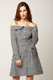 Women's Black And White Bardot Neck full_sleeve Cotton Checkered Mini A-Line Belted Shirt Dress