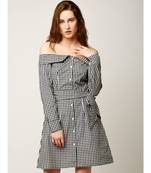 Women's Black And White Bardot Neck full_sleeve Cotton Checkered Mini A-Line Belted Shirt Dress